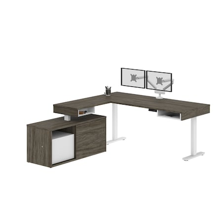 Bestar Pro-Vega Height Adjustable L-Desk, Dual Monitor Arm, Walnut Grey/White 130851-000035