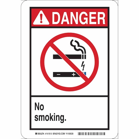 Brady No Smoking Sign, 10" H, 7 in W, Vinyl, Rectangle, English, 141916 141916