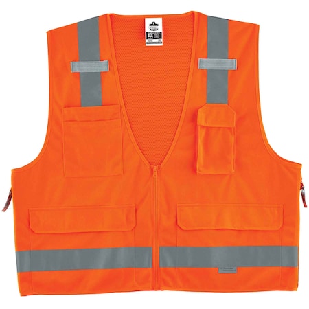 Ergodyne Orange Type R Class 2 Surveyors Vest, L/, Zipper closure Closure, 4 Outside Pockets, Orange, Size L 8250Z