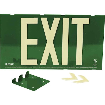 Brady Exit Sign, Aluminum, Steel, 15-3/4" W, 8-3/4" H, Exit, Green 145488