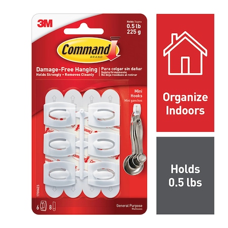Command Hook, Molded Plastic, 7/16 In, PK6 17006