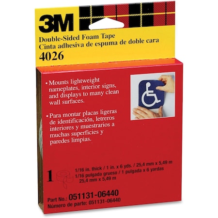3M Double Sided Foam Tape, 1 in W, 1 in L, 62 mil, Urethane Foam, Double-Sided 4026