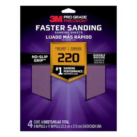 3M Sandpaper Sheet, 220 Grit, 9"W, PK4 SHR220-PGP-4T