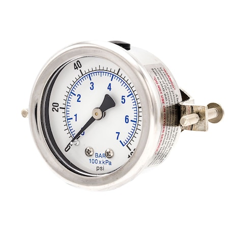 Pic Gauges Gauge, 2", 0-100psi, 1/4"CBM, Fill, U-Clamp, 2 in Dial, 1/4 in NPT Male Center Back Location 203D-204E