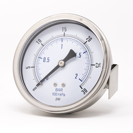Pic Gauges Gauge, 3.5", 0/30psi, 1/4"LBM, UClamp, SSCase, 3 1/2 in Dial, 1/4 in NPT Male Lower Back Location 203D-354C