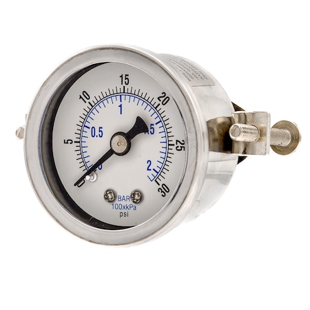 Pic Gauges Gauge, 1.5", 0/30 psi, 1/8"CBM, LF, U-Clamp, 1 1/2 in Dial, 1/8 in NPT Male Center Back Location 203L-158C