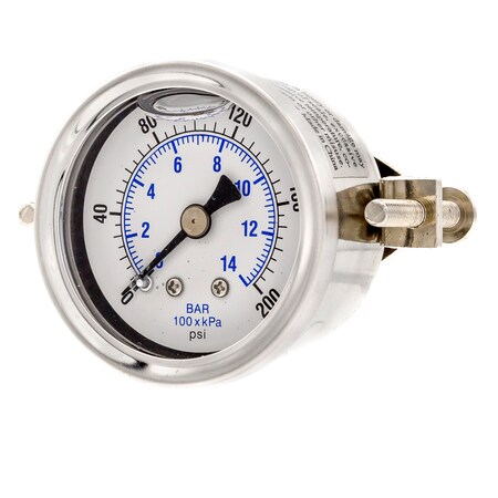 Pic Gauges Gauge, 1.5", 0/200 psi, 1/8"CBM, LF, U-Clamp 203L-158G