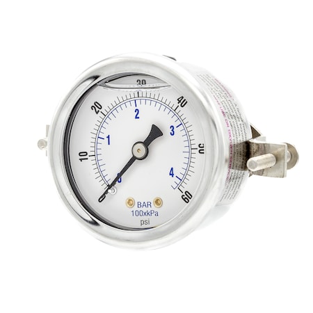 Pic Gauges Gauge, 2", 0/60psi, 1/4" CBM, LF, w/U-Clamp, 2 in Dial, 1/4 in NPT Male Center Back Location 203L-204D