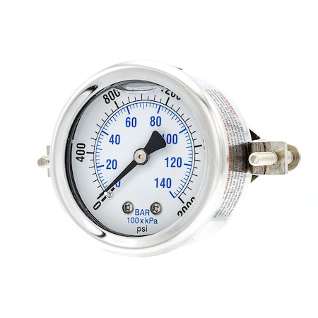 Pic Gauges Gauge, 2", 0/2000psi, 1/4" CBM, LF, w/U-Clamp, 2 in Dial, 1/4 in NPT Male Center Back Location 203L-204O