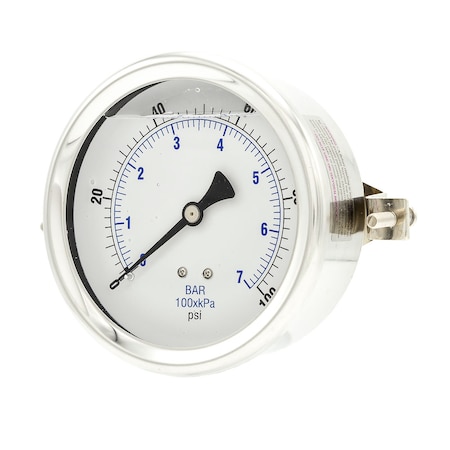 Pic Gauges Gauge, 4", 0/100psi, 1/4"CBM, LF, w/U-Clamp, 4 in Dial, 1/4 in NPT Male Center Back Location 203L-404E
