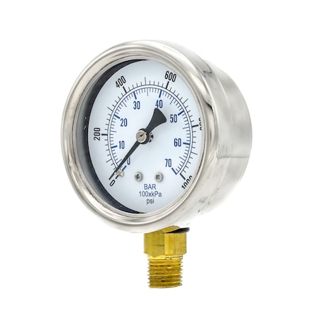 Pic Gauges Gauge, 2-1/2", 0/1000psi, 1/4"LM, Rem Bez, 2 1/2 in Dial, 1/4 in NPT Male Lower Location 211D-254M