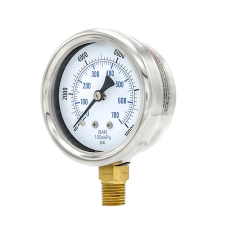 Pic Gauges Gauge, 2-1/2", 0/10,000psi, 1/4"LM, Rem Bez, 2 1/2 in Dial, 1/4 in NPT Male Lower Location 211D-254U