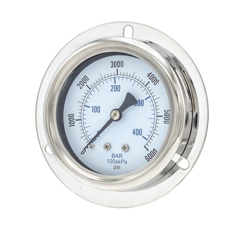 Pic Gauges Gauge, 2-1/2", 0/6000psi, 1/4"CBM, Front Flg, 2 1/2 in Dial, 1/4 in NPT Male Center Back Location 214D-254S