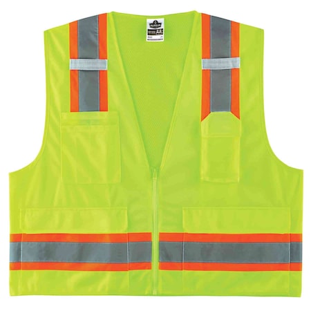 Ergodyne Lime Type R Class 2 Two-Tone Surveyors V, Zipper closure Closure, 4 Outside Pockets, Lime, Size L/XL 8248Z