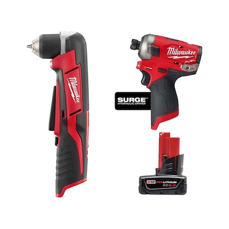 Milwaukee Tool M12 3/8" Right Angle Drill/Driver + M12 FUEL SURGE 1/4" Hex Hydraulic Driver + M12 XC6.0 Battery 2415-20, 2551-20, 48-11-2460