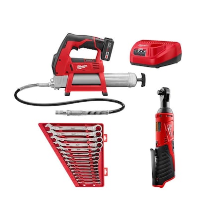 Milwaukee Tool M12 Grease Gun Kit w/ M12 3/8 in Ratchet, 15PC Ratcheting Wrench Set SAE 2446-21XC, 2457-20, 48-22-9416