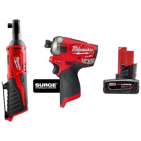 Milwaukee Tool M12 FUEL SURGE 1/4" Hex Hydraulic Driver + M12 Cordless 3/8" Ratchet + M12 XC6.0 Battery 2457-20, 2551-20, 48-11-2460