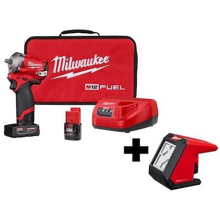 Milwaukee M12 FUEL™ 3/8" Stubby Impct Wrnch Kit w/ M12™ ROVER™ Mntng Flood Light 2554-22, 2364-20
