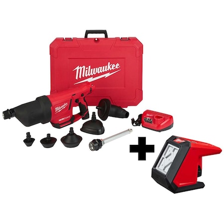 Milwaukee Tool M12 AIRSNAKE Drain Cleaning Air Gun Kit + M12 ROVER Mounting Flood Light 2572B-21, 2364-20