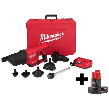 Milwaukee Tool M12 AIRSNAKE Drain Cleaning Air Gun Kit + M12 XC High Capacity 3.0 AH Battery 2572B-21, 48-11-2402