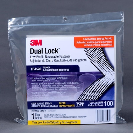 3M Reclosable Fastener, Acrylic Adhesive, 10 ft, 1" W, Clear, 8 PK TB4570