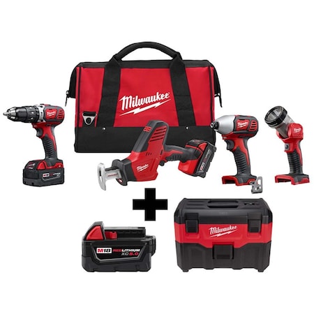 Milwaukee Tool M18 2-Gallon Wet/Dry Vacuum + M18 Cordless LI-ION 4-Tool Combo Kit + M18 XC5.0 Battery 2695-24, 48-11-1850, 0880-20