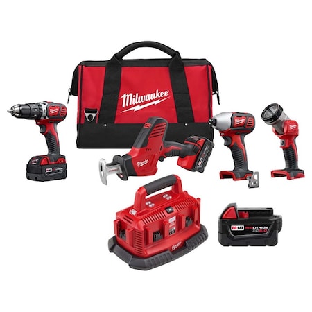 Milwaukee Tool M18 Cordless LITHIUM-ION 4-Tool Combo Kit + M18 Six Pack Sequential Charger + M18 XC5.0 Battery 2695-24, 48-59-1806, 48-11-1850