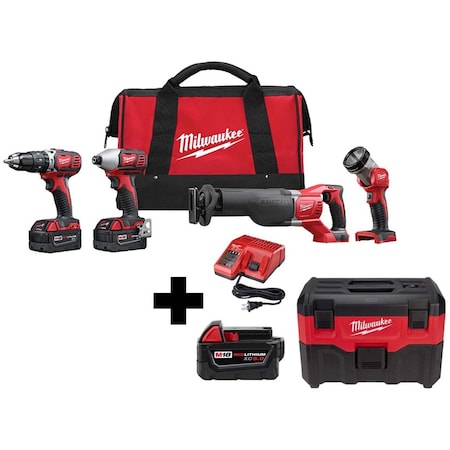 Milwaukee Tool M18 2-Gallon Wet/Dry Vacuum + M18 Cordless 4-Tool Combo Kit + M18 XC5.0 Battery 2696-24, 48-11-1850, 0880-20