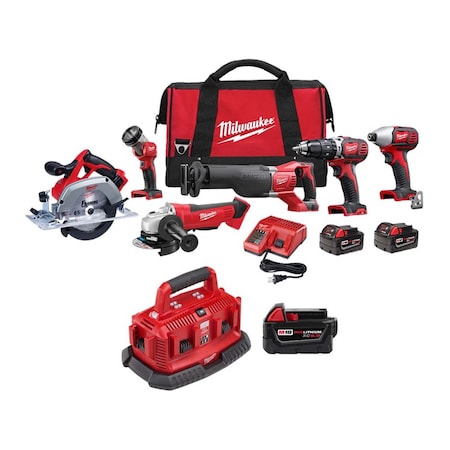 Milwaukee Tool M18 Cordless 6-Tool Combo Kit + M18 Six Pack Sequential Charger + M18 XC5.0 Battery 2696-26, 48-59-1806, 48-11-1850