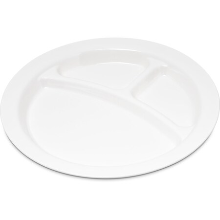 Carlisle Foodservice Polycarbon Rim 3-Comp Plate, 9", Wht, PK48 PCD22002