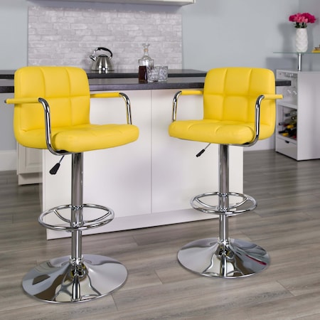 Flash Furniture Yellow Quilted Vinyl Adjustable Height Barstool, Arms, Chrome Base, PK2 2-CH-102029-YEL-GG