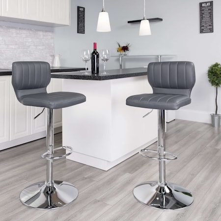 Flash Furniture Gray Vinyl Adjust Height Barstool, Vertical Stitch Back, Chrome Base, PK2 2-CH-132330-GY-GG