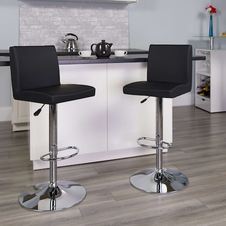 Flash Furniture Black Vinyl Adjustable Height Barstool, Panel Back, Chrome Base, PK2 2-CH-92066-BK-GG