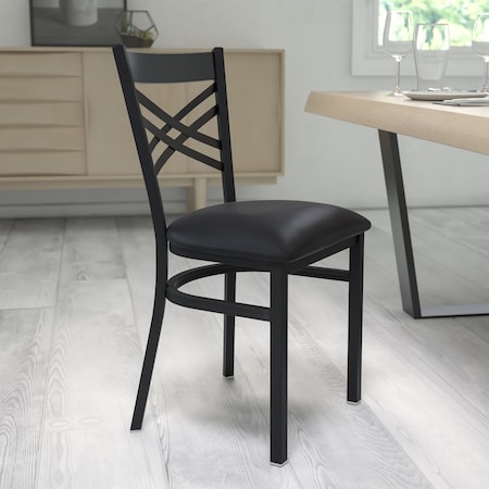 Flash Furniture Black ''X'' Back Metal Restaurant Chair, Black Vinyl Seat, PK2 2-XU-6FOBXBK-BLKV-GG