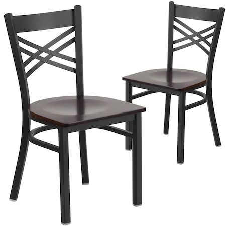 Flash Furniture Black ''X'' Back Metal Restaurant Chair, Walnut Wood Seat, PK2 2-XU-6FOBXBK-WALW-GG