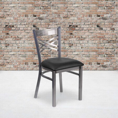 Flash Furniture Clear Coated ''X'' Back Metal Restaurant Chair, Black Vinyl Seat, PK2 2-XU-6FOB-CLR-BLKV-GG