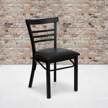 FLASH FURNITURE Black Three-Slat Ladder Back Metal Chair, Black Vinyl Seat, PK2 2-XU-DG6Q6B1LAD-BLKV-GG