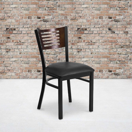 Flash Furniture Black Slat Back Metal Chair, Walnut Wood Back, Black Vinyl Seat, PK2 2-XU-DG-6G5B-WAL-BLKV-GG