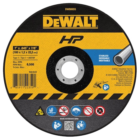 Dewalt Abrasive Cut-Off Wheel, Type 1, 7 in Dia, 0.045 in Thick, 7/8 in Arbor Hole Size, Aluminum Oxide DW8065S