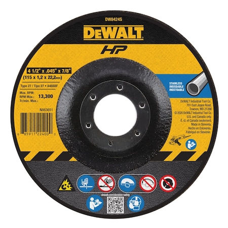 Dewalt Depressed Center Cut-Off Wheel, Type 27, 4 1/2 in Dia, 0.045 in Thick, 7/8 in Arbor Hole Size DW8424S