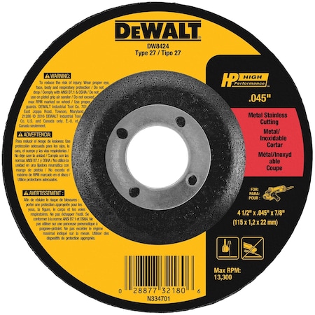 Dewalt Depressed Center Cut-Off Wheel, Type 27, 4 1/2 in Dia, 0.045 in Thick, 7/8 in Arbor Hole Size DW8424