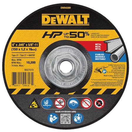 Dewalt Depressed Center Cut-Off Wheel, Type 27, 6 in Dia, 0.045 in Thick, 5/8"-11 Arbor Hole Size, 60 Grit DW8426H