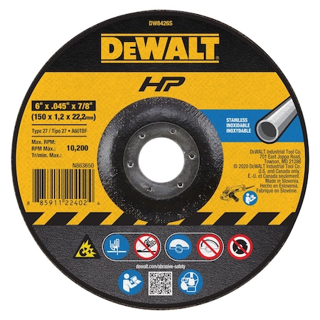 Dewalt Depressed Center Cut-Off Wheel, Type 27, 6 in Dia, 0.045 in Thick, 7/8 in Arbor Hole Size, 60 Grit DW8426S