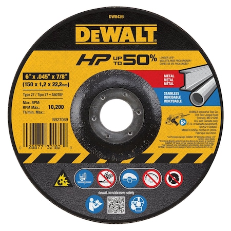 Dewalt Depressed Center Cut-Off Wheel, Type 27, 6 in Dia, 0.045 in Thick, 7/8 in Arbor Hole Size, 60 Grit DW8426