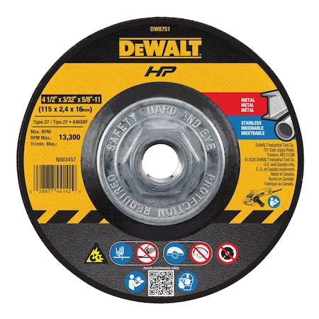 Dewalt Depressed Center Cut-Off Wheel, Type 27, 4 1/2 in Dia, 0.0938 in Thick, 5/8"-11 Arbor Hole Size DW8751