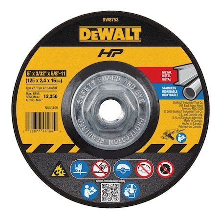 Dewalt Depressed Center Cut-Off Wheel, Type 27, 5 in Dia, 0.0938 in Thick, 5/8"-11 Arbor Hole Size DW8753