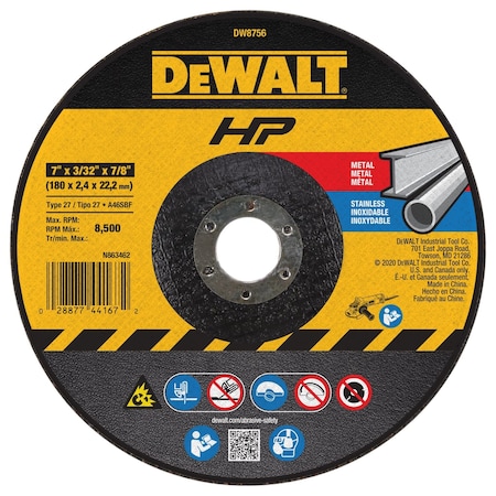 Dewalt Depressed Center Cut-Off Wheel, Type 27, 7 in Dia, 0.0938 in Thick, 7/8 in Arbor Hole Size, 24 Grit DW8756