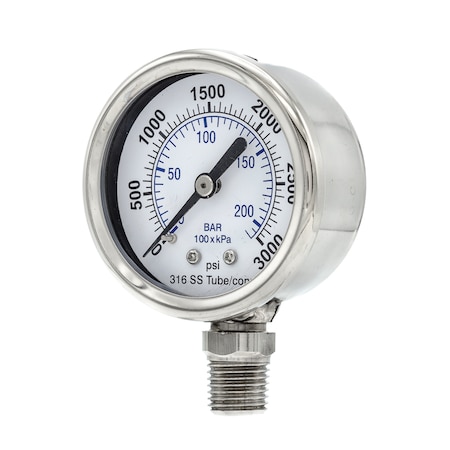 Pic Gauges Gauge, 2", 0/3000psi, 1/4"LM, SS, 2 in Dial, 1/4 in NPT Male Lower Location PRO-301D-204P-01