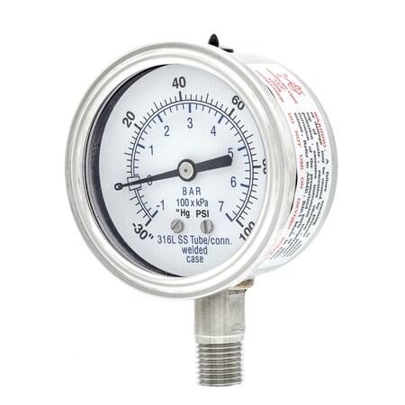 Pic Gauges Gauge, 2.5", 30/0/100psi, 1/4"Low Mount, SS PRO-301D-254CE-01