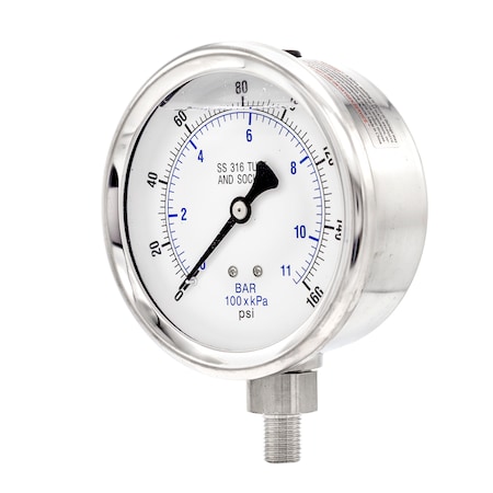 Pic Gauges Gauge, 4", 0/160psi, 1/4"LM, SS, LF, 4 in Dial, 1/4 in NPT Male Lower Location PRO-301L-404F-01